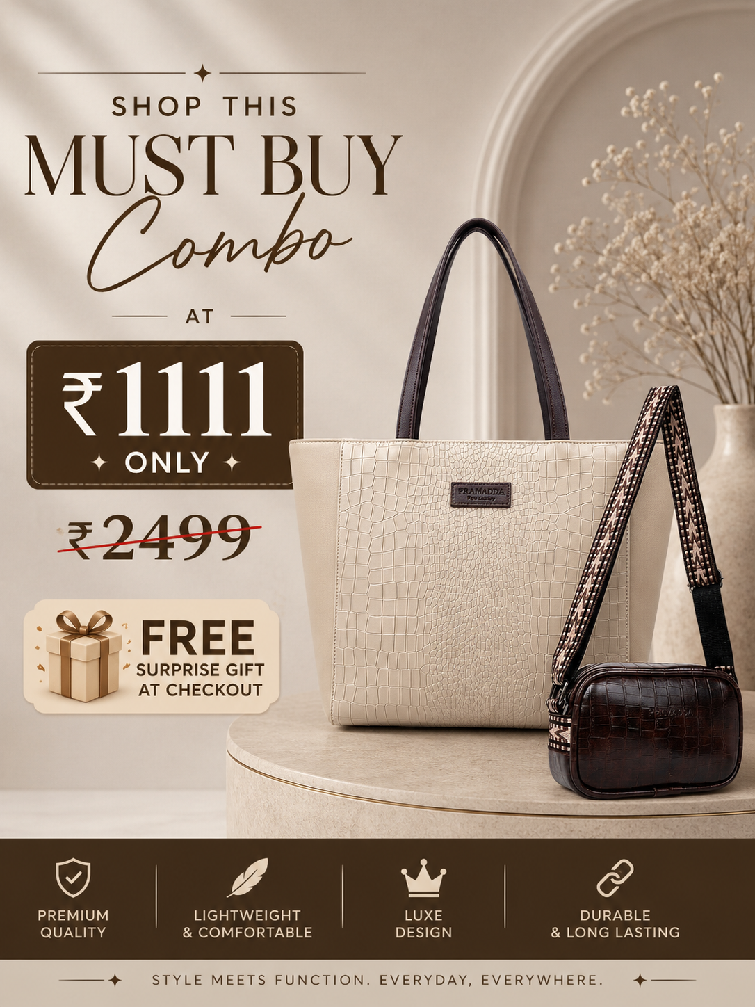 Fiona Croco Tote Bag with Dona Croco Sling Combo. (Beige & Brown)