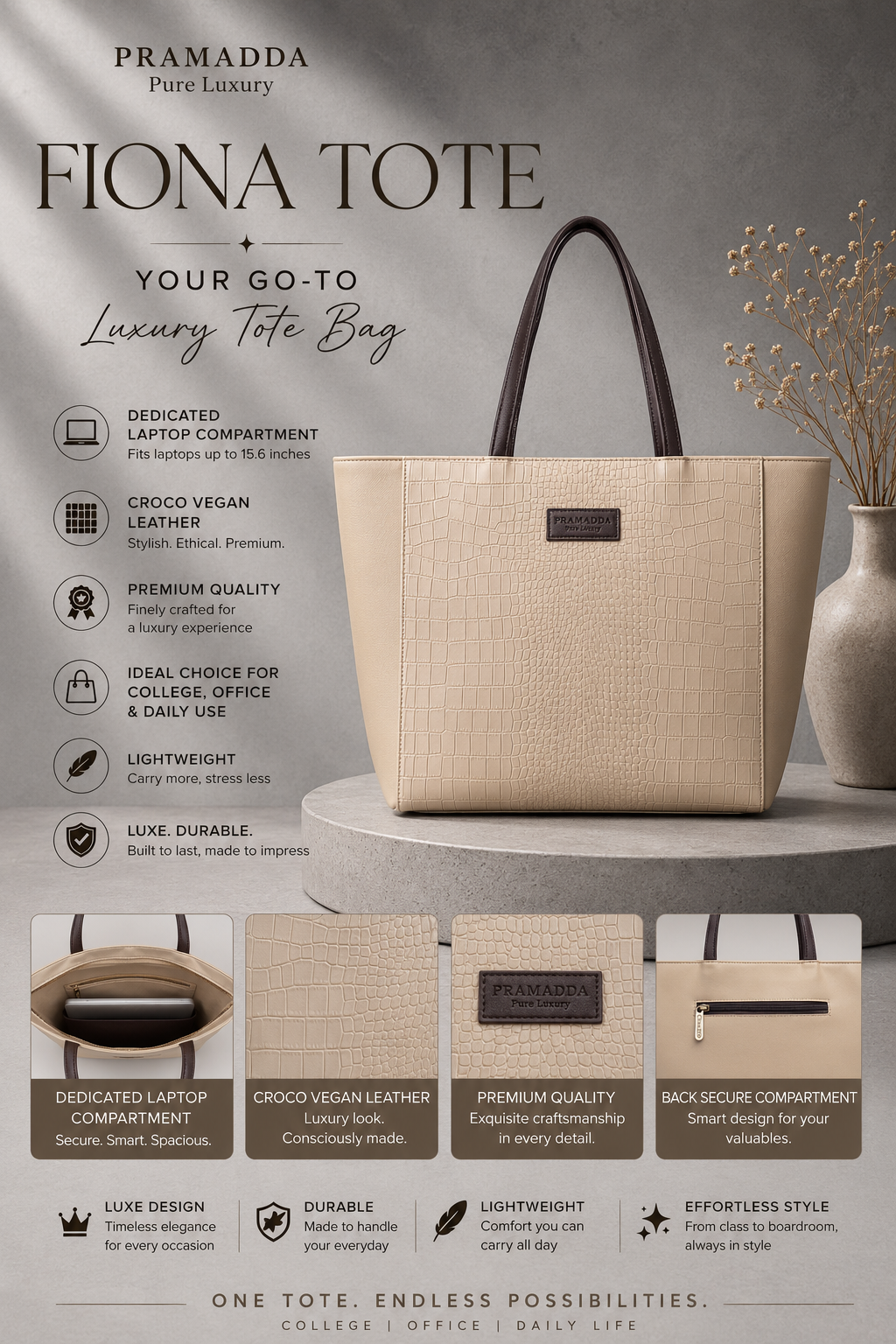 Fiona Croco Tote Bag with Dona Croco Sling Combo. (Beige & Brown)