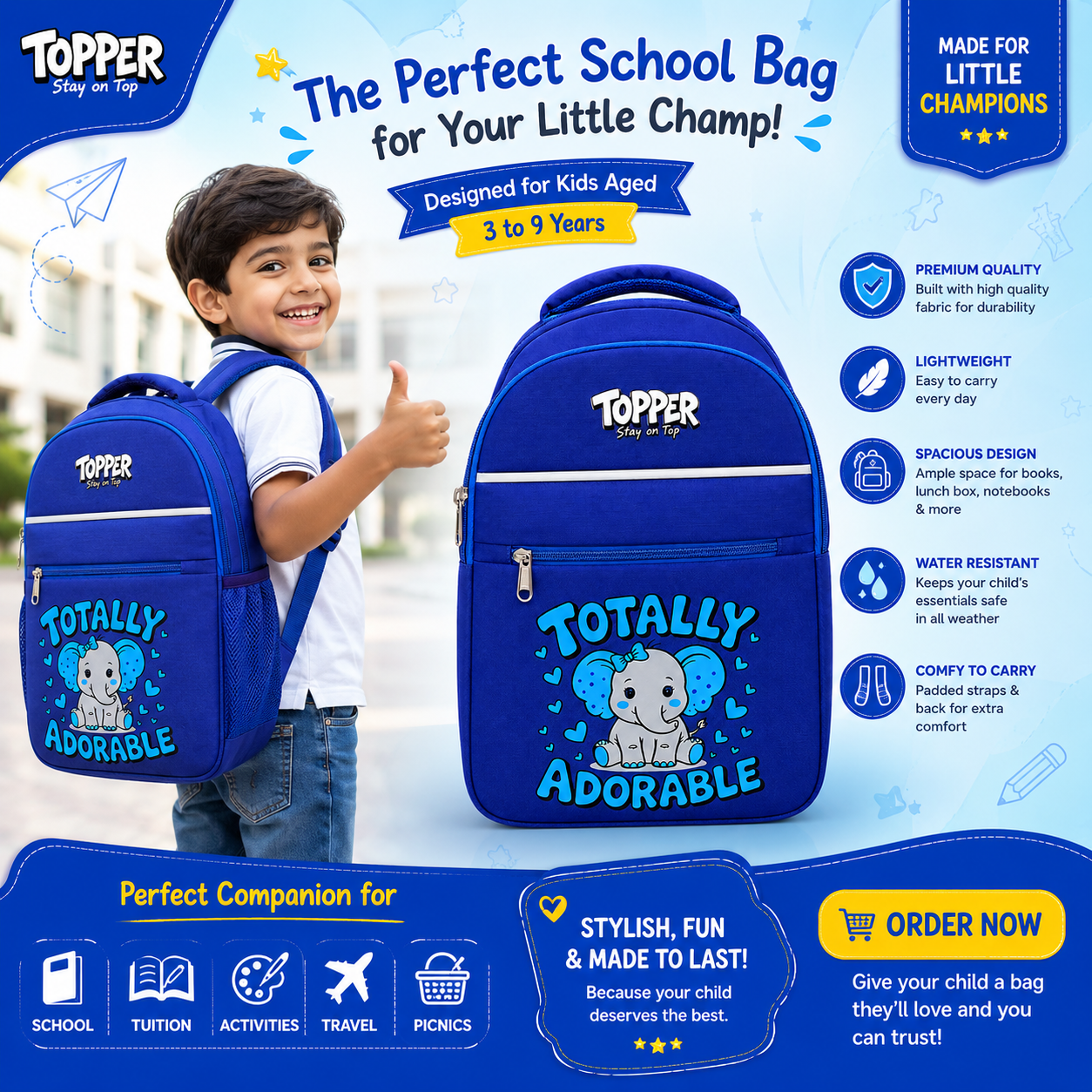 Navy Blue Adorable Elephant School Bag