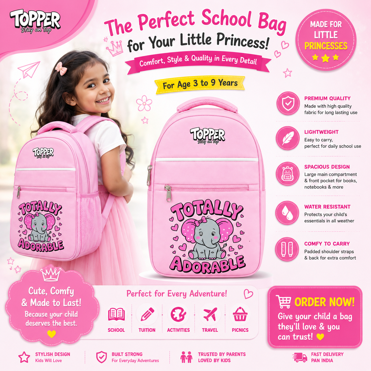 Baby Pink Adorable Elephant School Bag