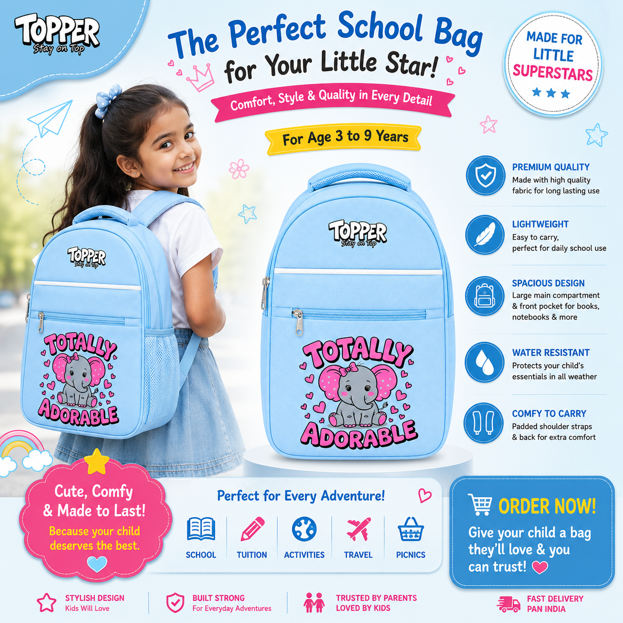 Sky Blue Adorable Elephant School Bag