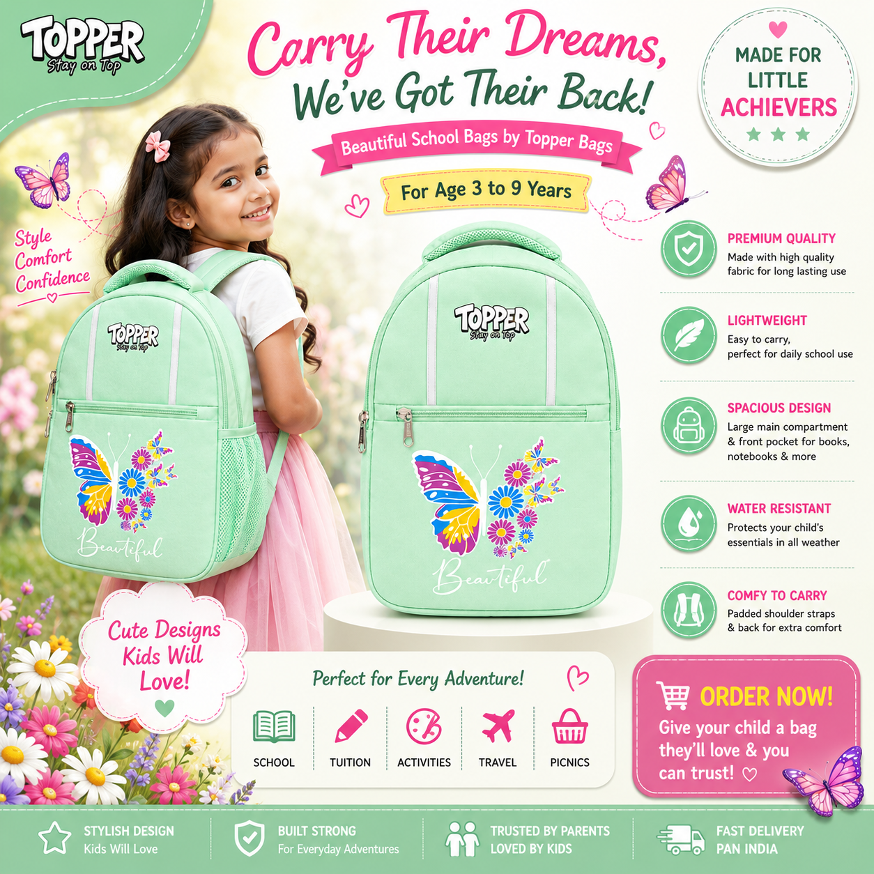 Mint Green Beautiful Butterfly School Bag