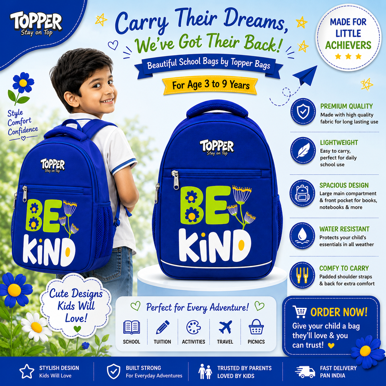 Dark Blue Be Kind School Bag