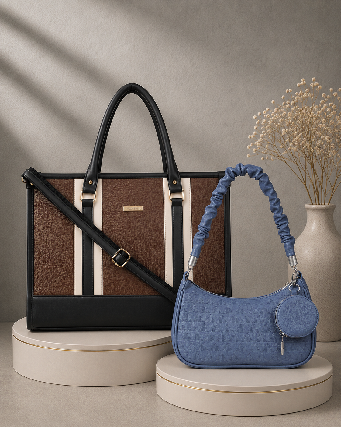 Brown Alica Tote Bag with Pebble Blue Mia Shoulder Bag