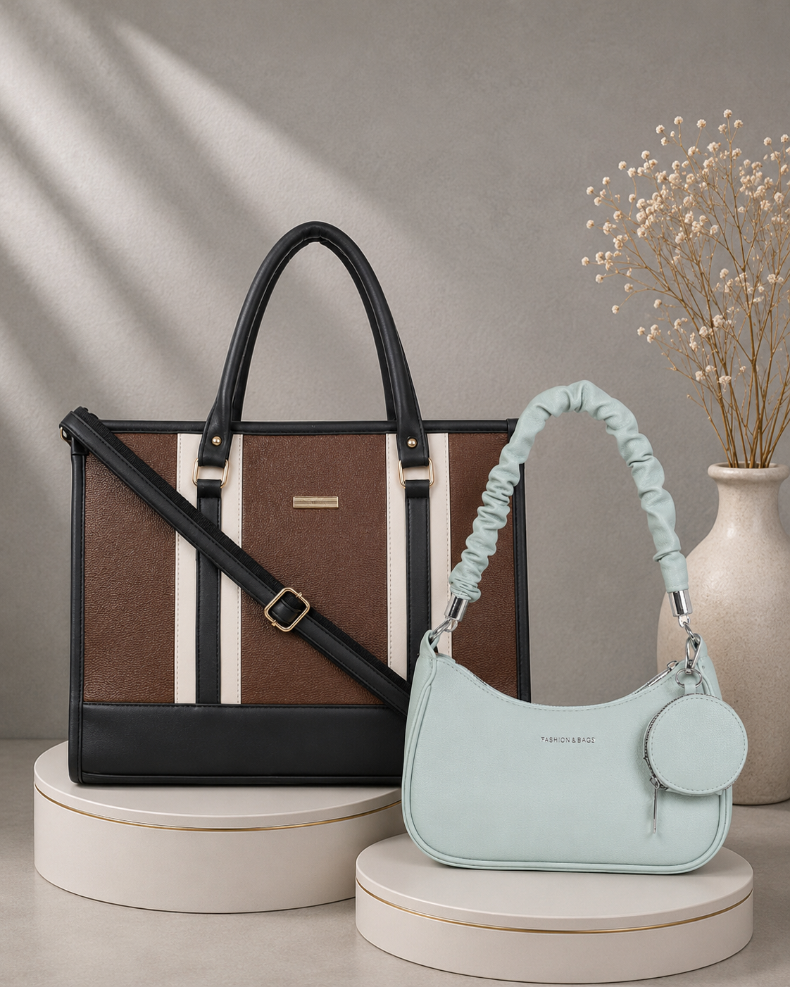 Brown Alica Tote Bag with Mint Green Alexa Shoulder Bag