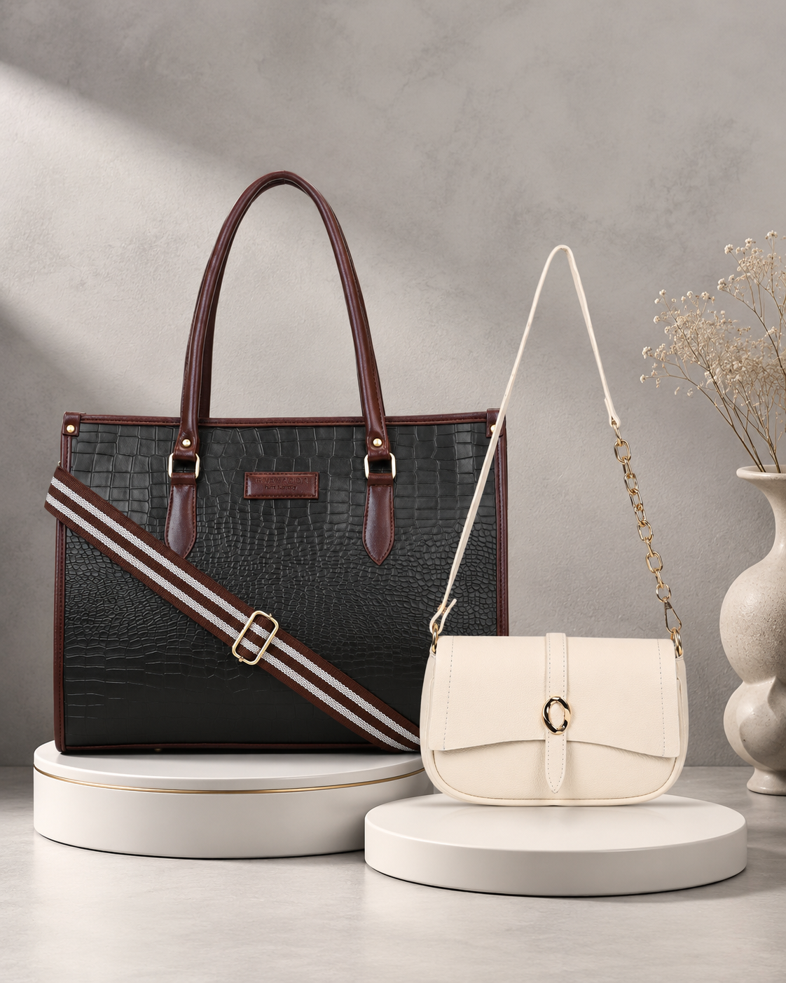 Classic Black Bianca Tote Bag with Ivory Pamela Sling Combo