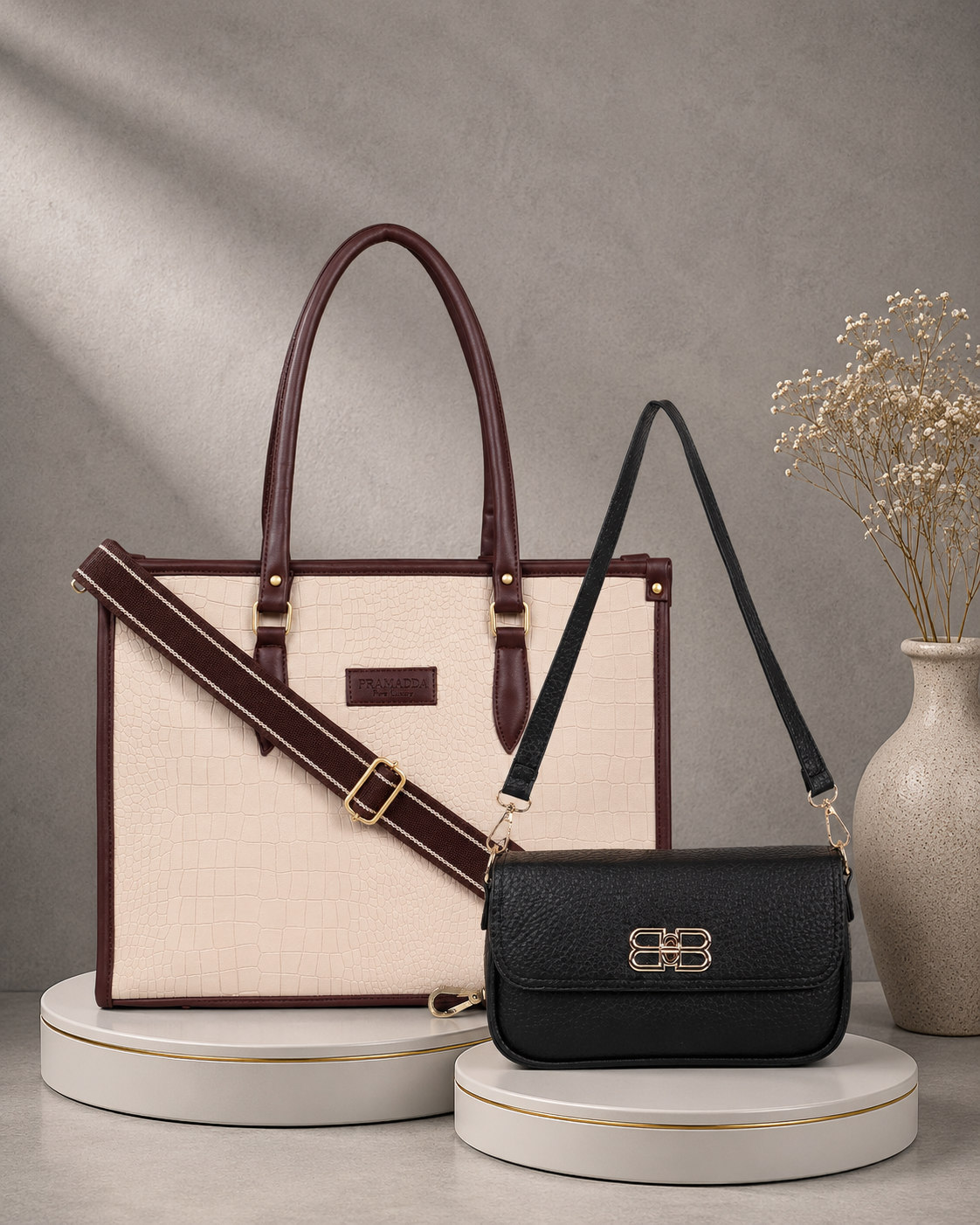 Classic Beige Bianca Tote Bag With Luxe Black Emma Shoulder Bag