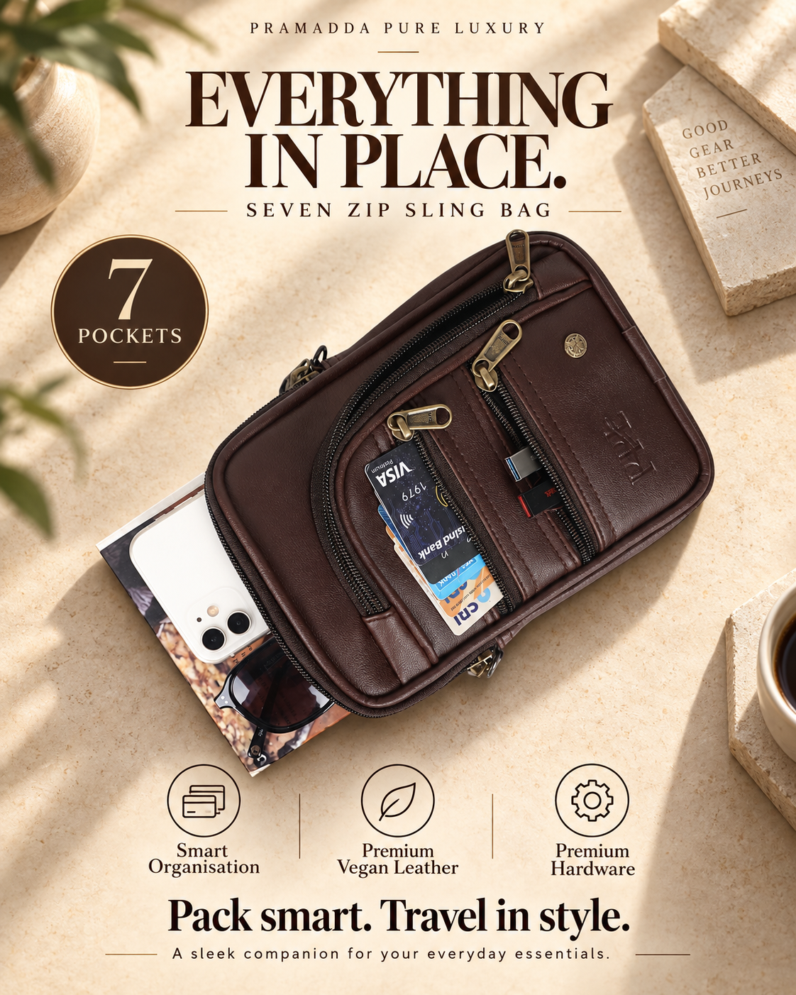 Mocha Brown Seven Zip Sling Bag