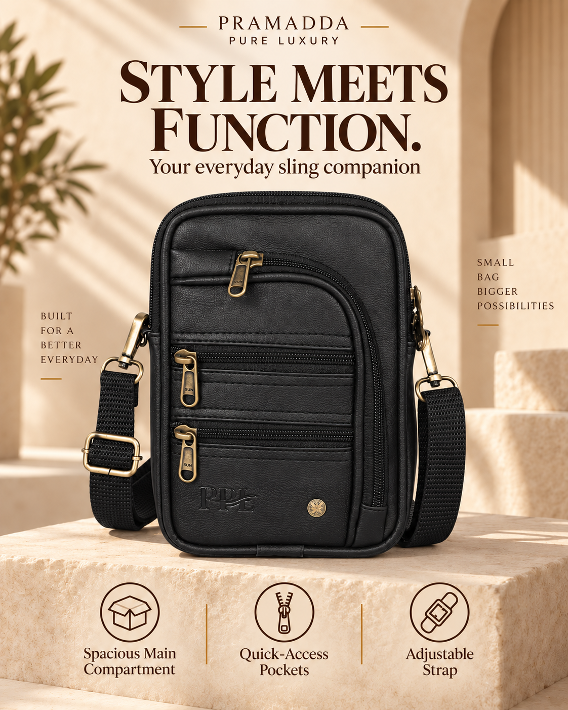 Classic Black Seven Zip Sling Bag
