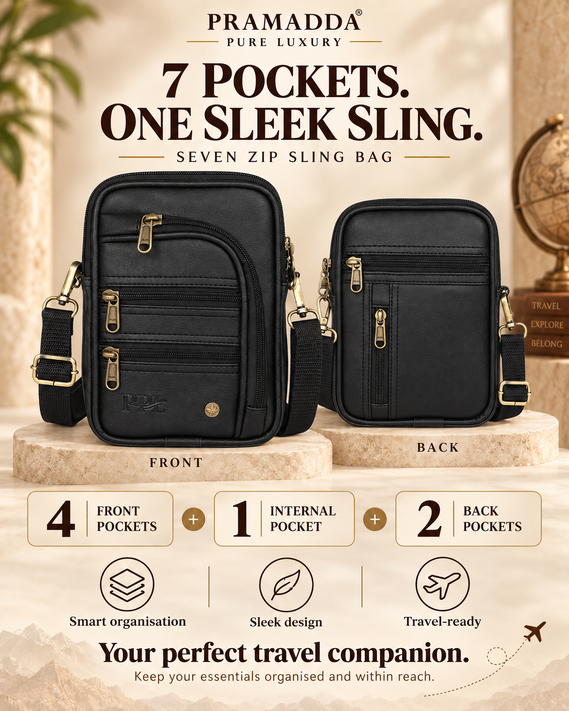 Classic Black Seven Zip Sling Bag