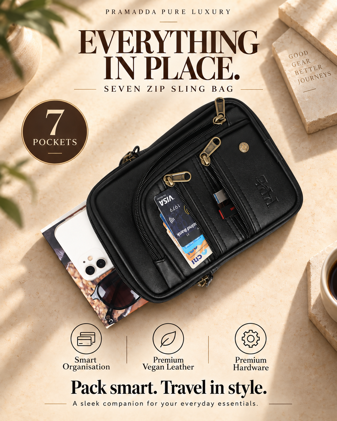 Classic Black Seven Zip Sling Bag