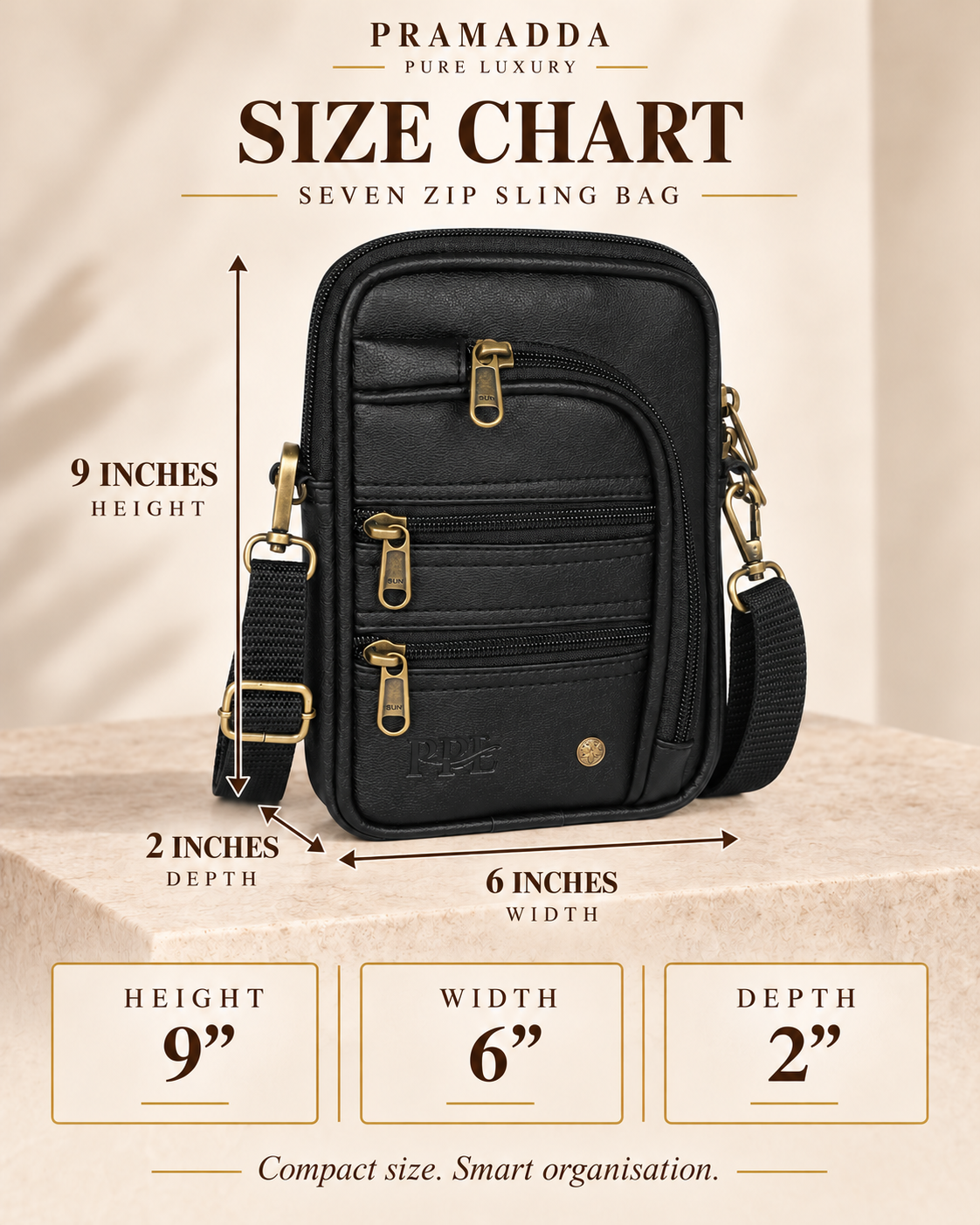 Classic Black Seven Zip Sling Bag