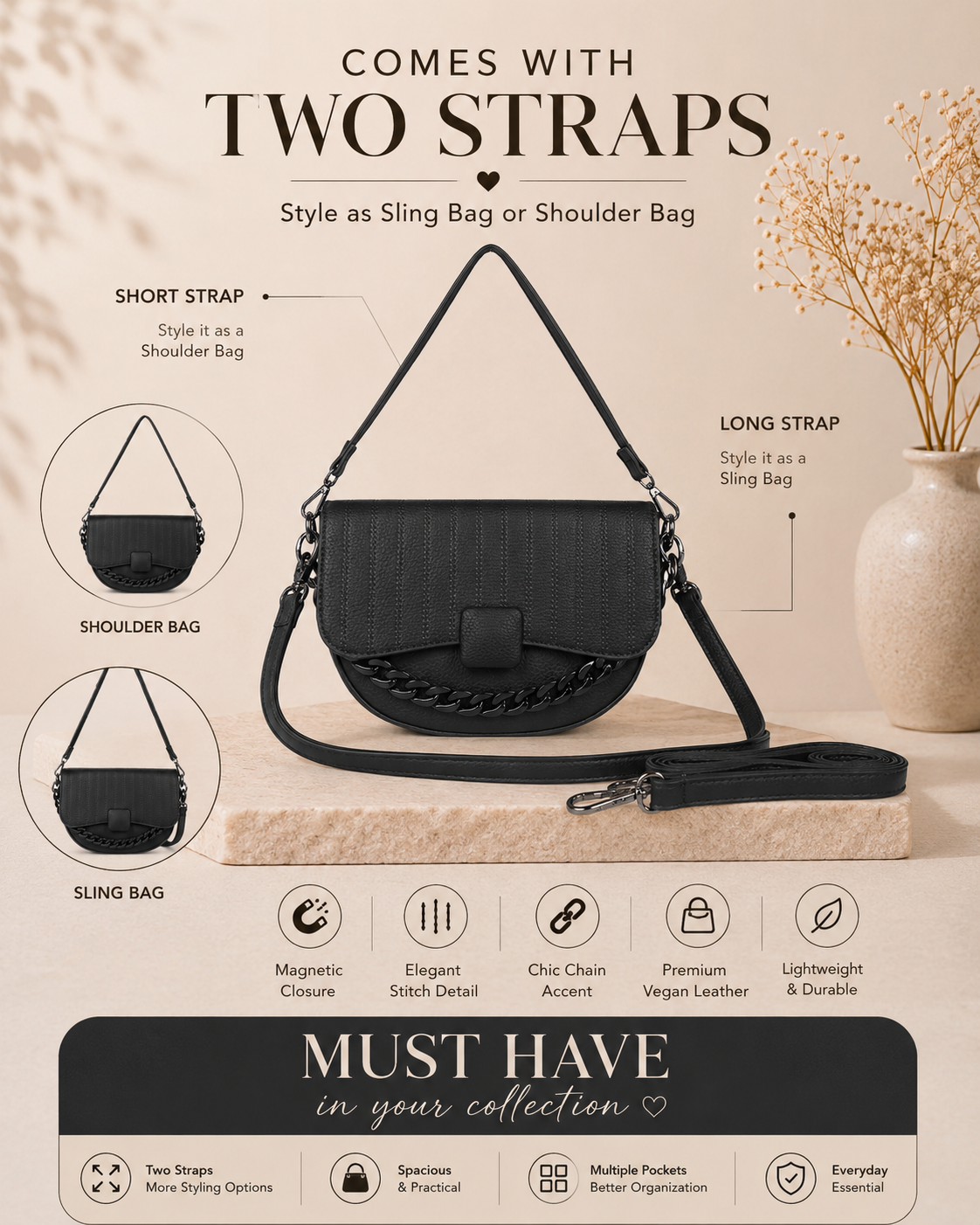 Classic Black Charlie Sling bag for woman