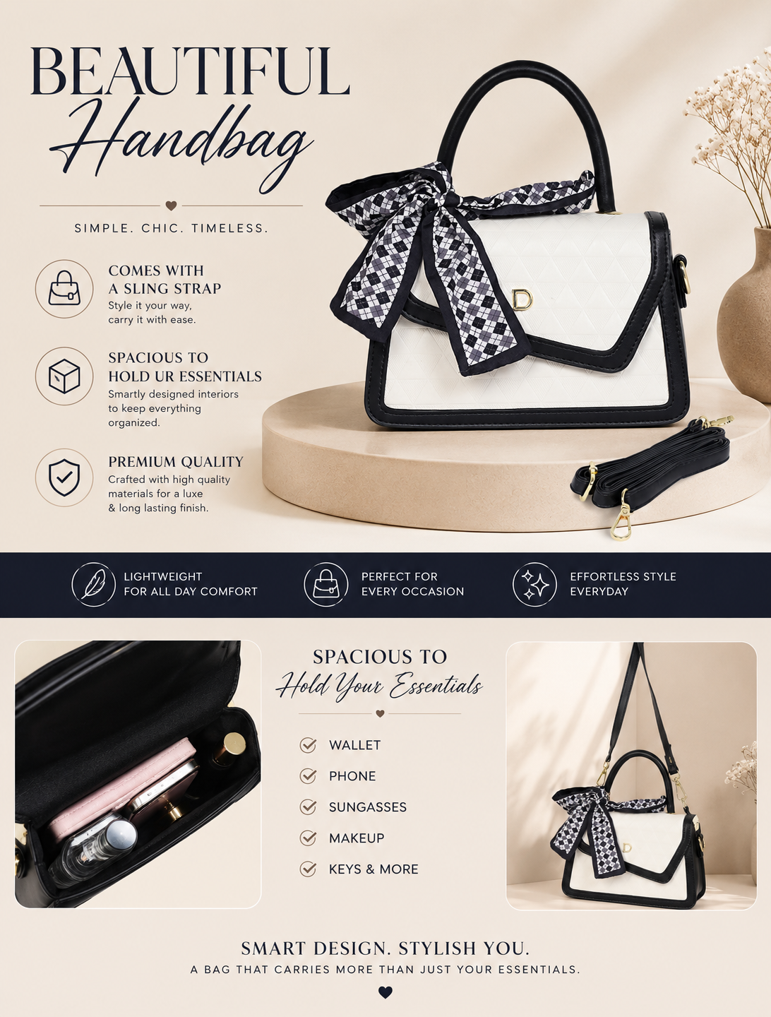 Classis Black and White Daisy Sling bag for woman