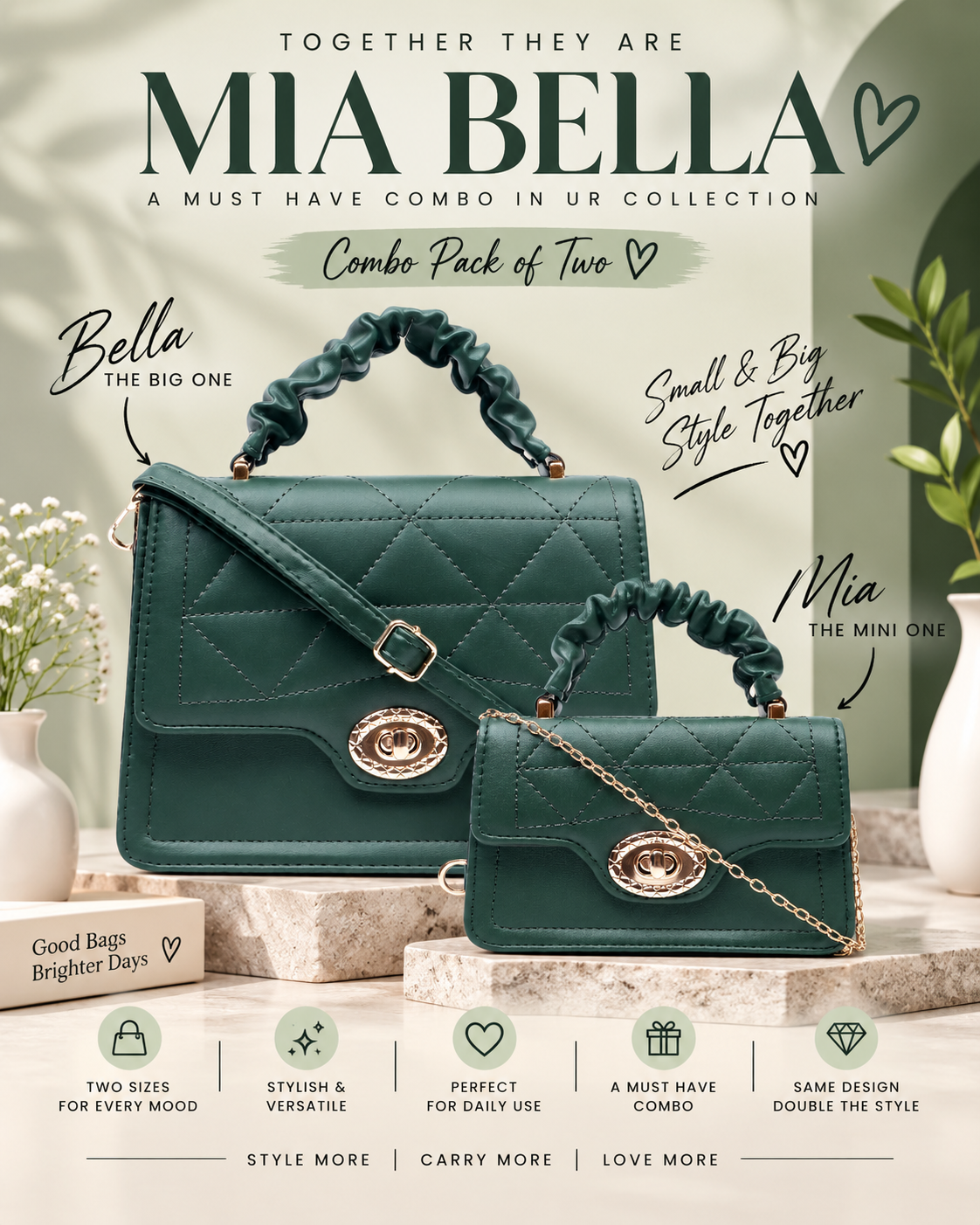 Green Mia Bella Sling Bag (2pc)