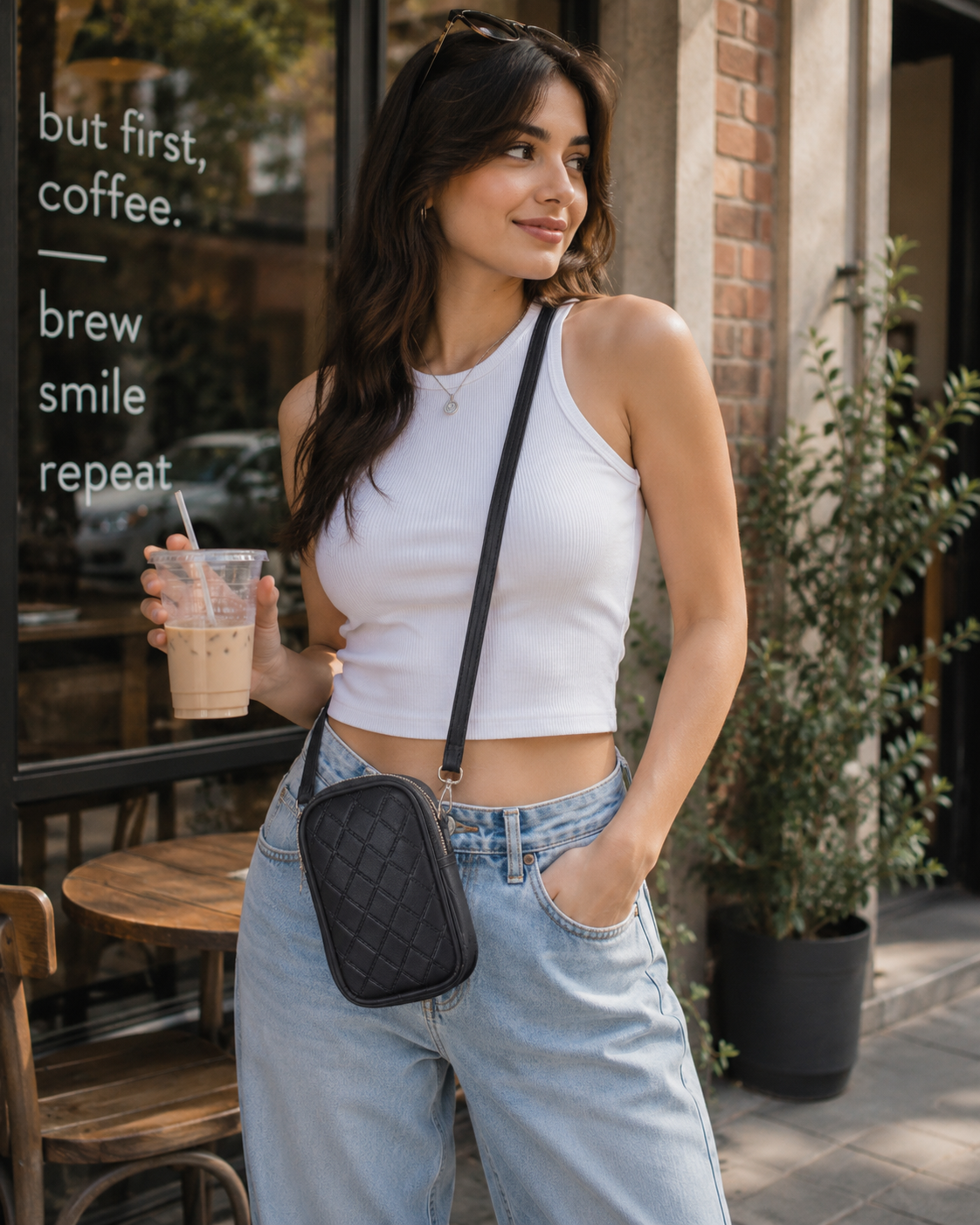 Brown Bianca Tote Bag + Black Twin Mobile Sling Bag