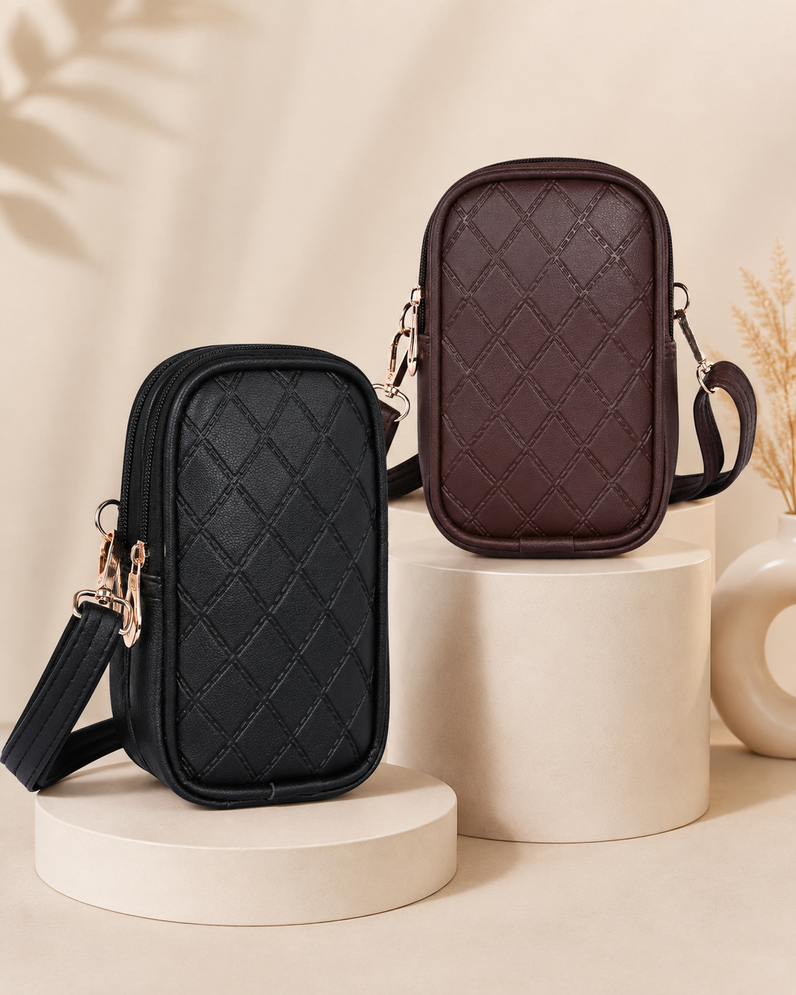 Black & Brown Twin Women Mobile Sling Bag