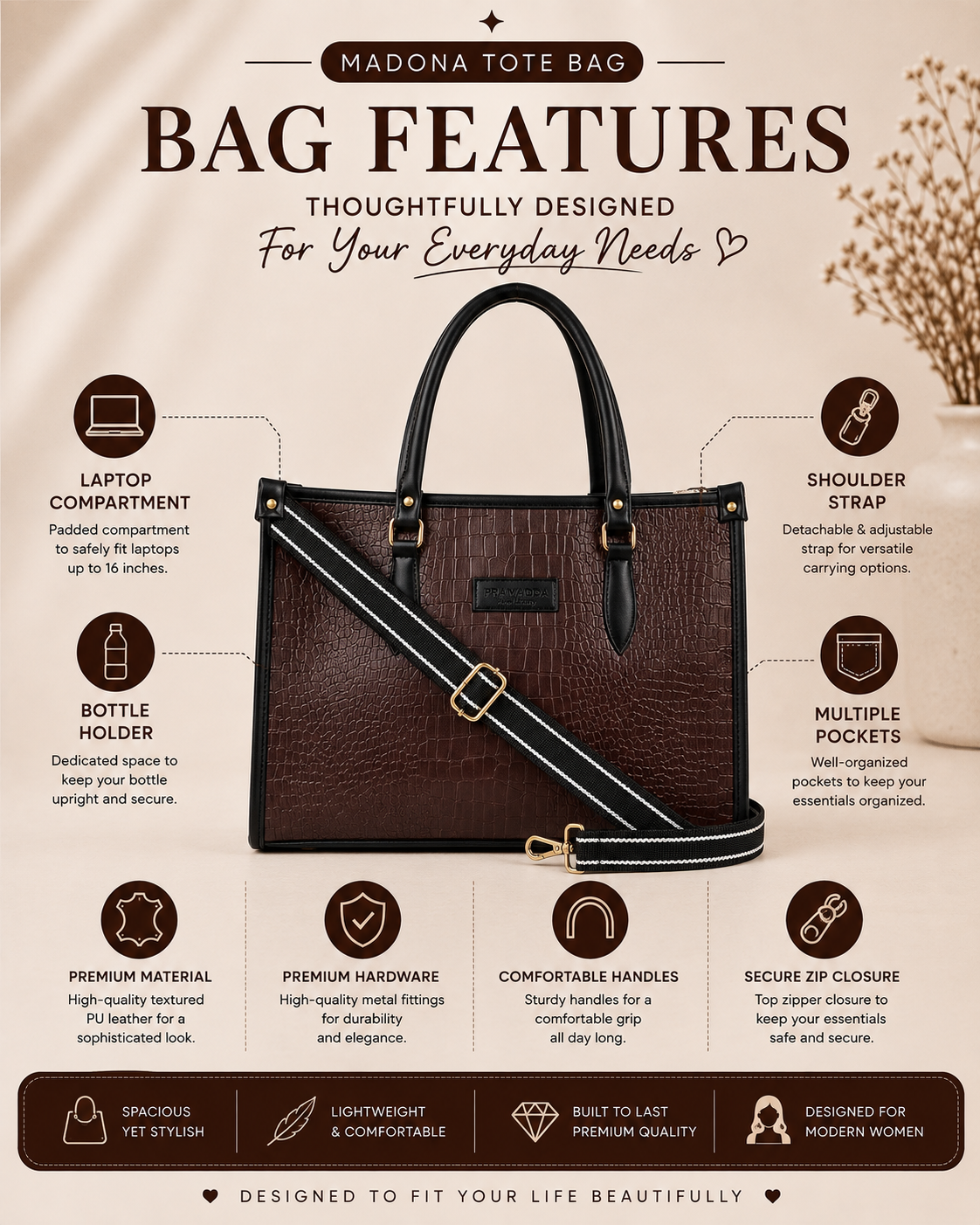 Brown Bianca Tote Bag + Black Twin Mobile Sling Bag