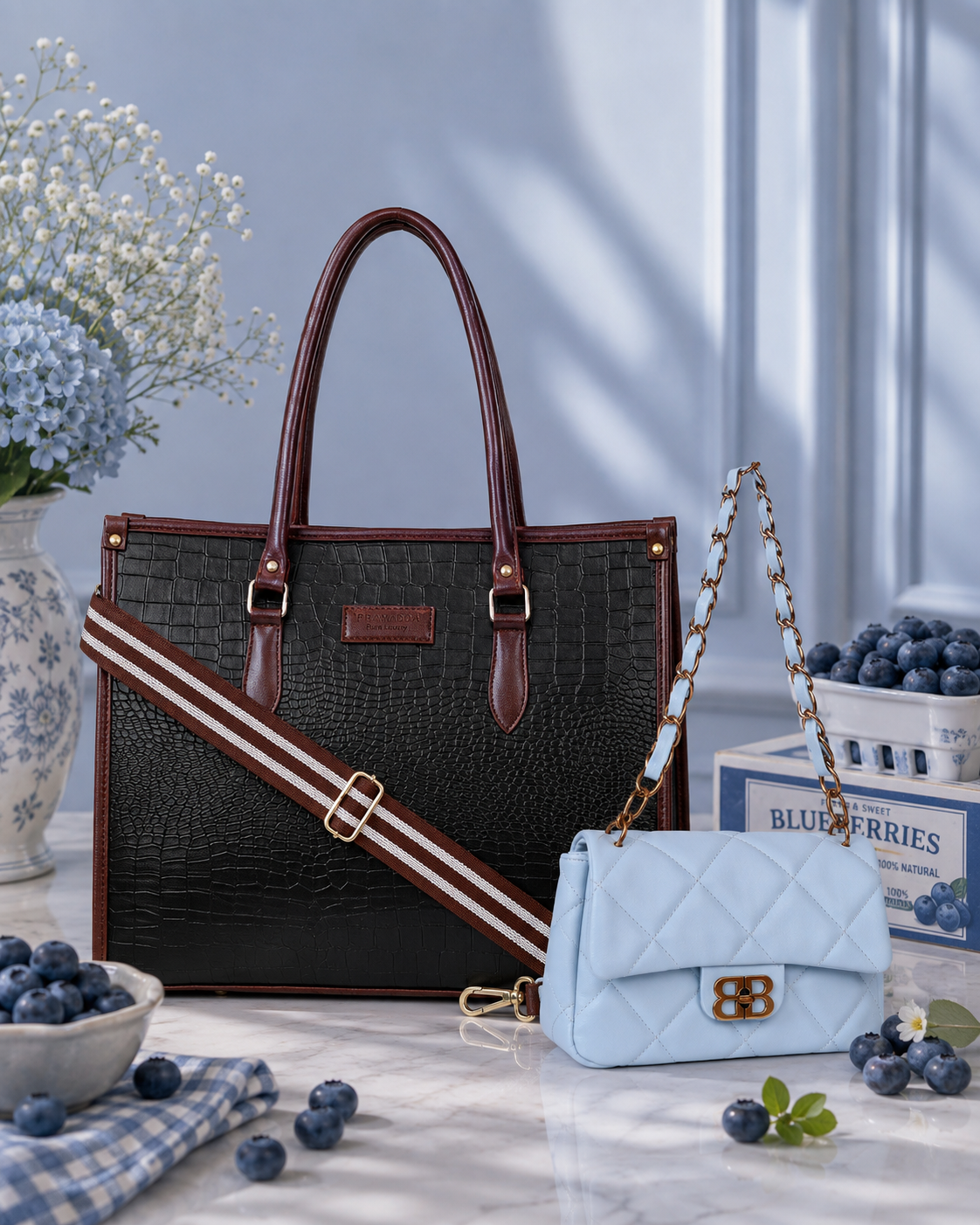 Black Bianca Tote Bag + Summer Blue Bailey Shoulder Bag