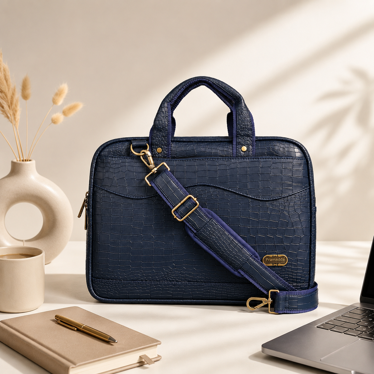Midnight Blue Pablo Croco Laptop Messenger Bag.