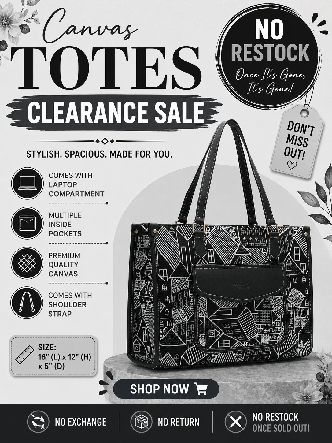 Black Geo Print Canvas Aisha Tote Bag- Clearance Sale