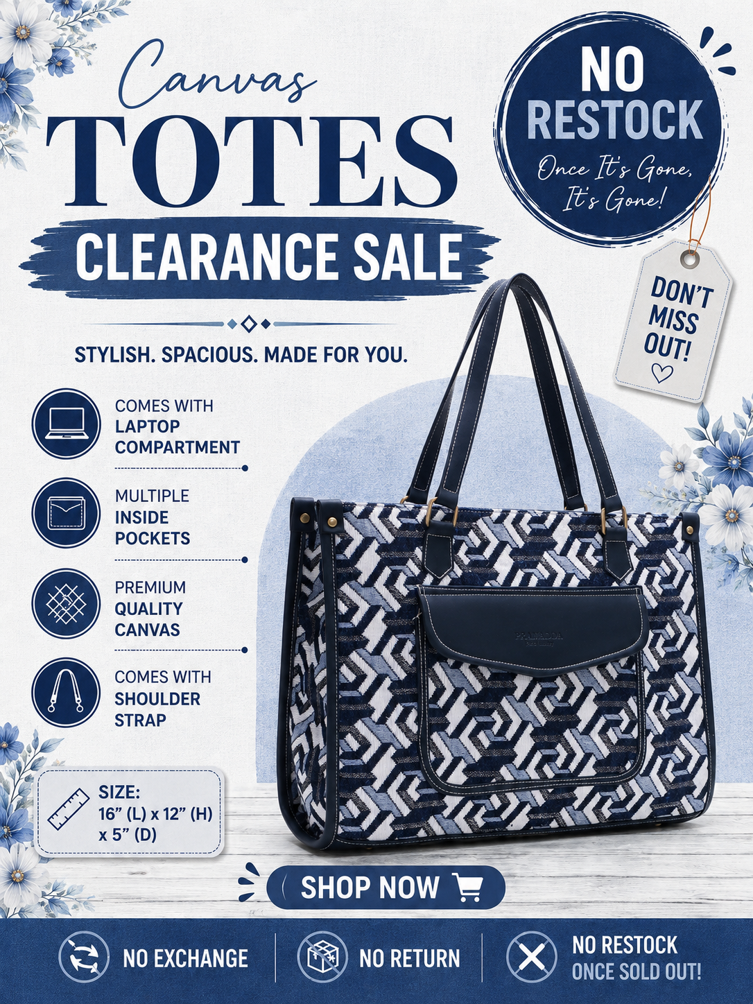 Denim Blue Print Canvas Aisha Tote Bag- Clearance Sale
