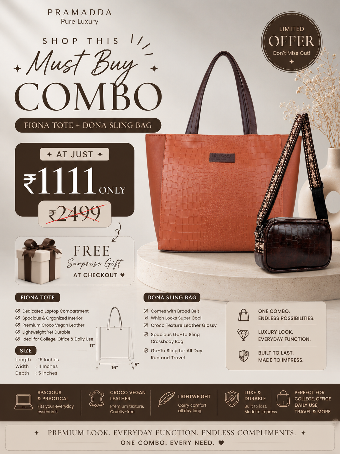 Fiona Croco Tote Bag with Dona Croco Sling Combo. (Tan & Brown)