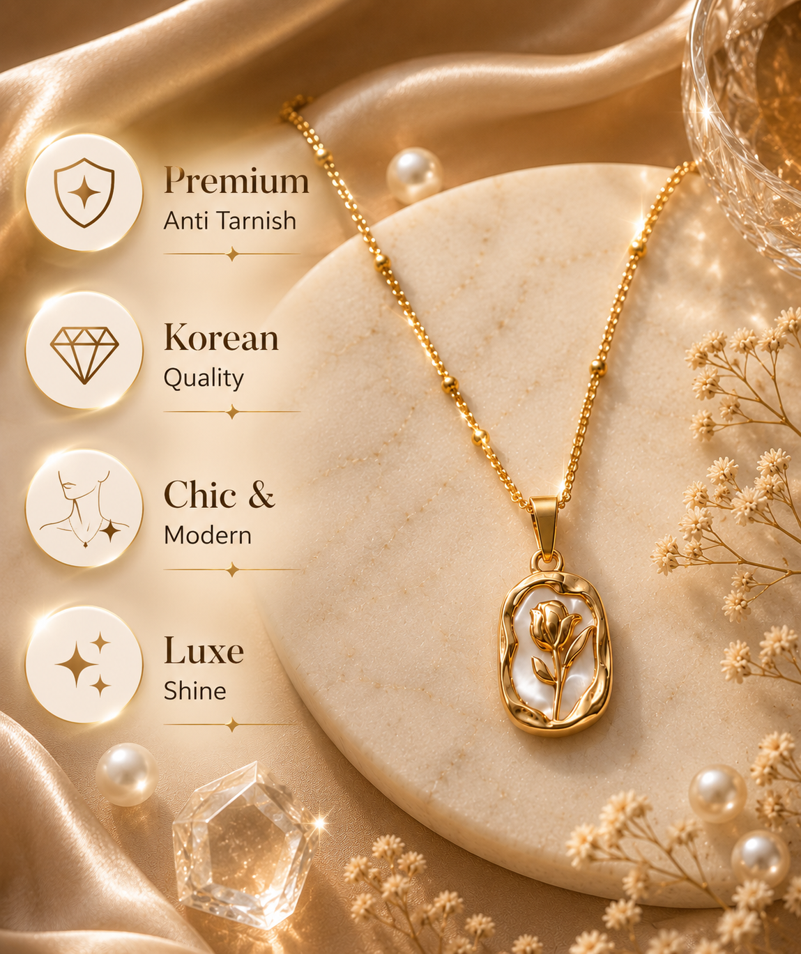 Korean Gold Plated Rose Pendant Necklace.