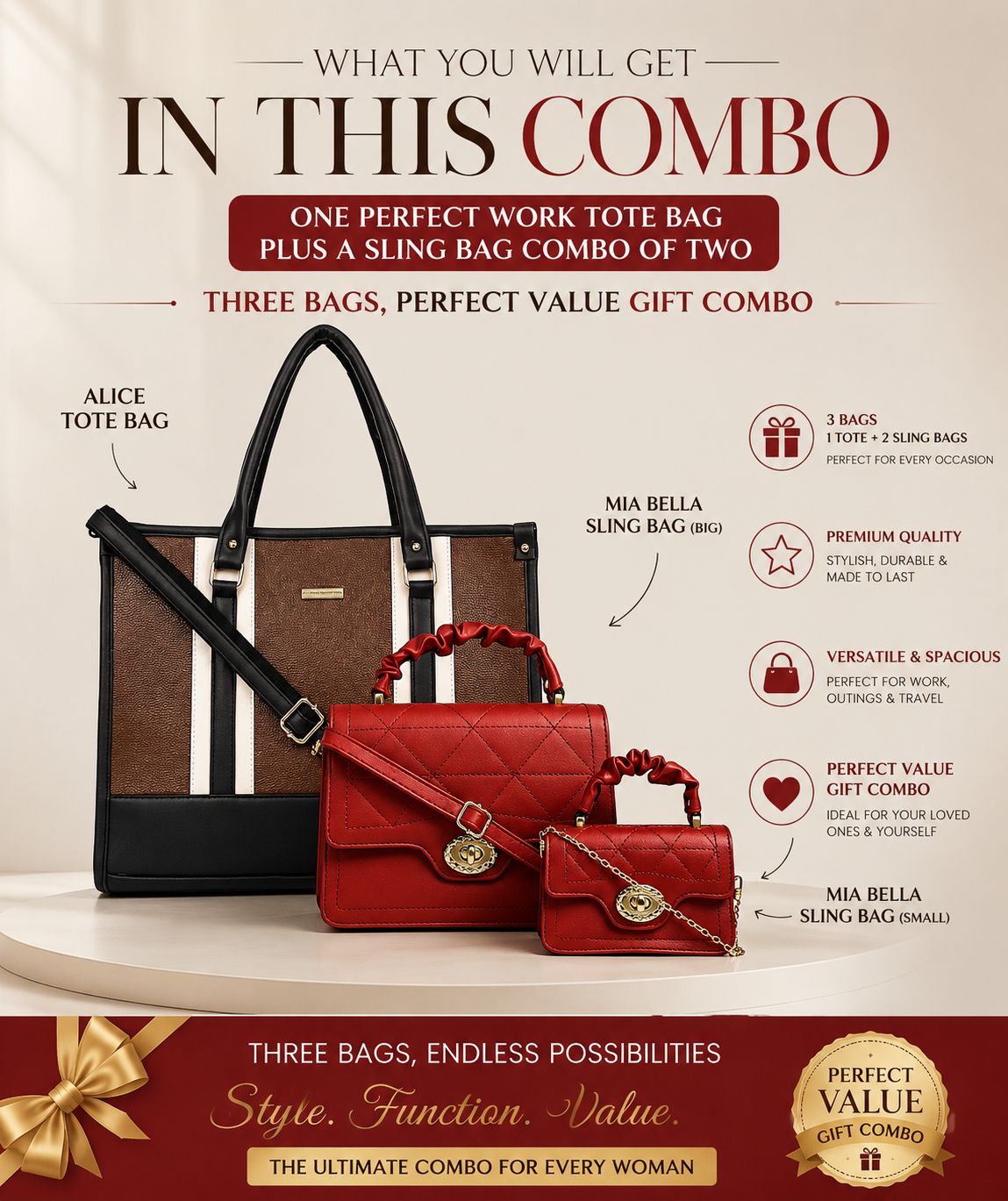 Classic Brown Alice Tote Bag + Mia Bella Sling Combo