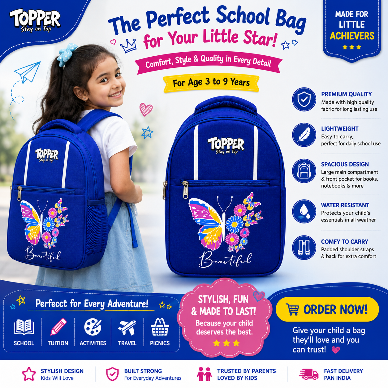 Navy Blue Beautiful Butterfly School Bag