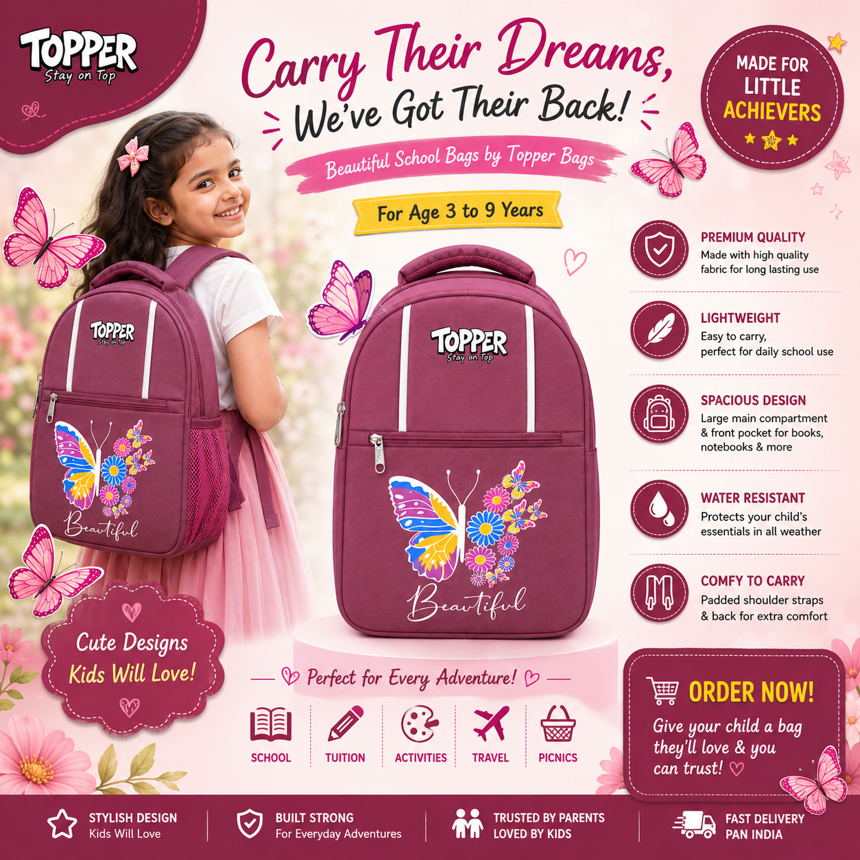 Mauve Pink Beautiful Butterfly School Bag