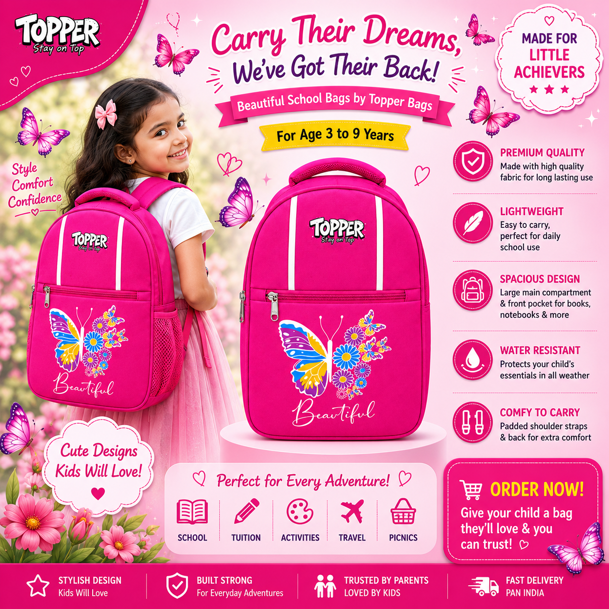 Hot Pink Beautiful Butterfly School Bag