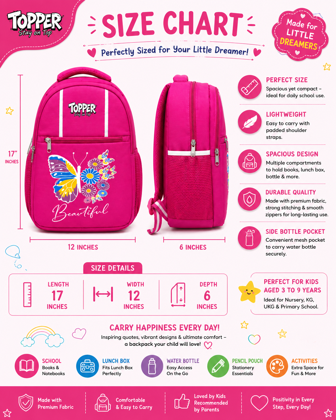 Hot Pink Beautiful Butterfly School Bag