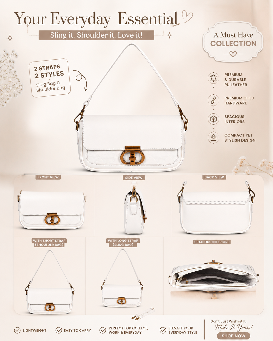 Classic White Cally Shoulder Bag for women