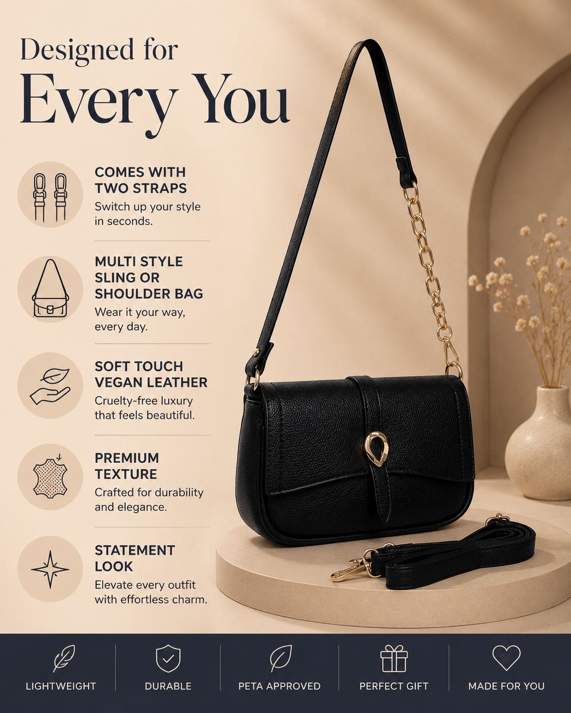 Pamela Classic Black Sling/Shoulder Bag