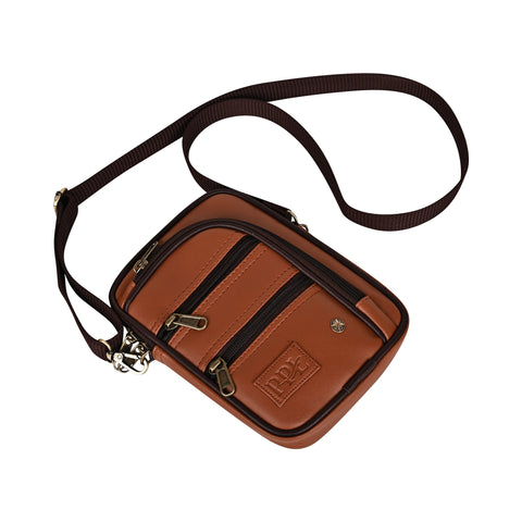 Tan 7 Zip Crossbody Sling Bag for Men