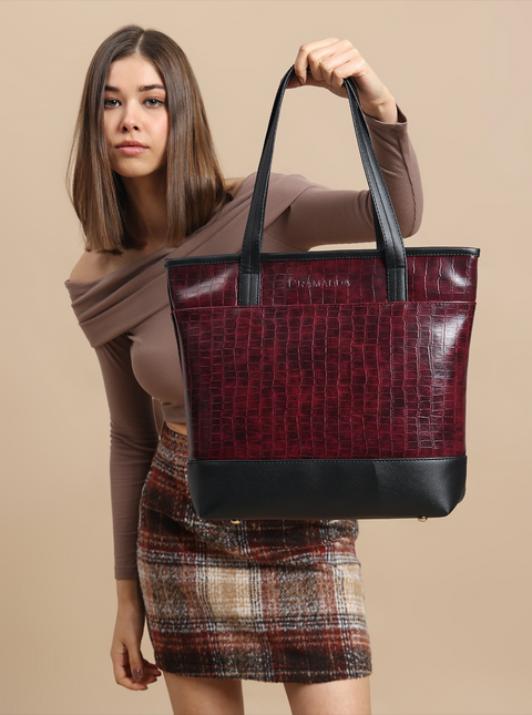 Keesha Maroon Croco Tote (15 Inch)