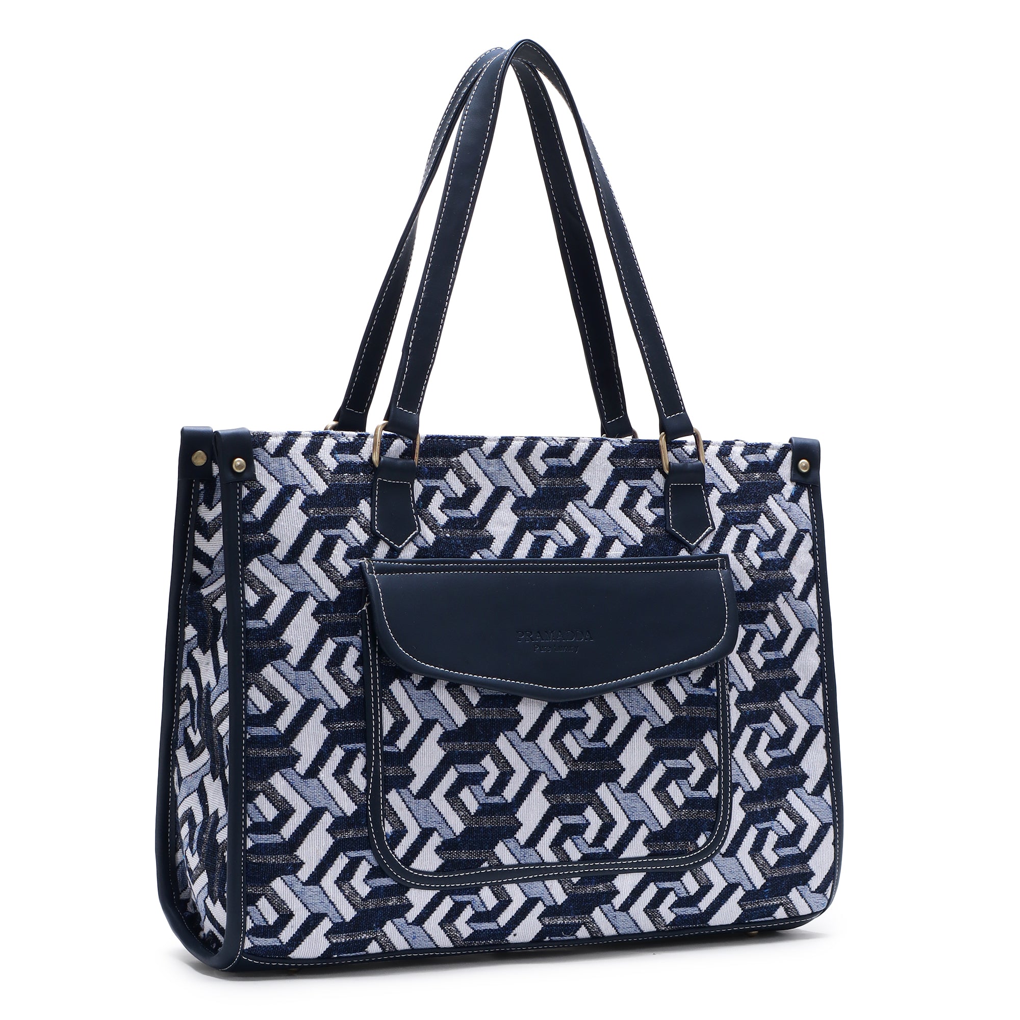 Denim Blue Print Canvas Aisha Tote Bag- Clearance Sale