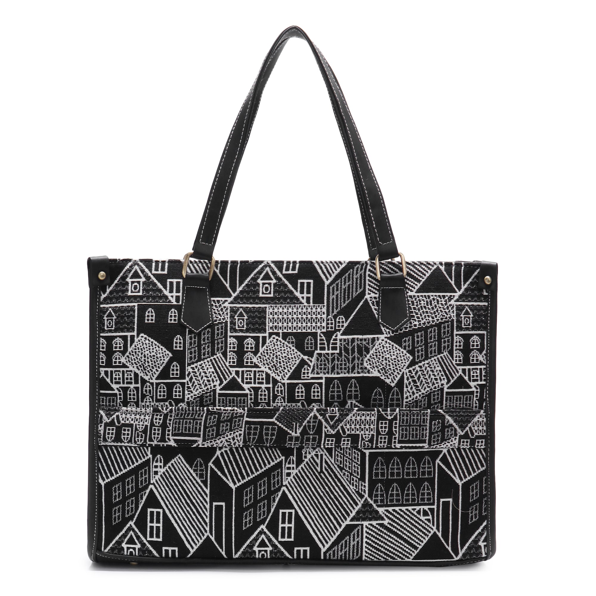 Black Geo Print Canvas Aisha Tote Bag- Clearance Sale