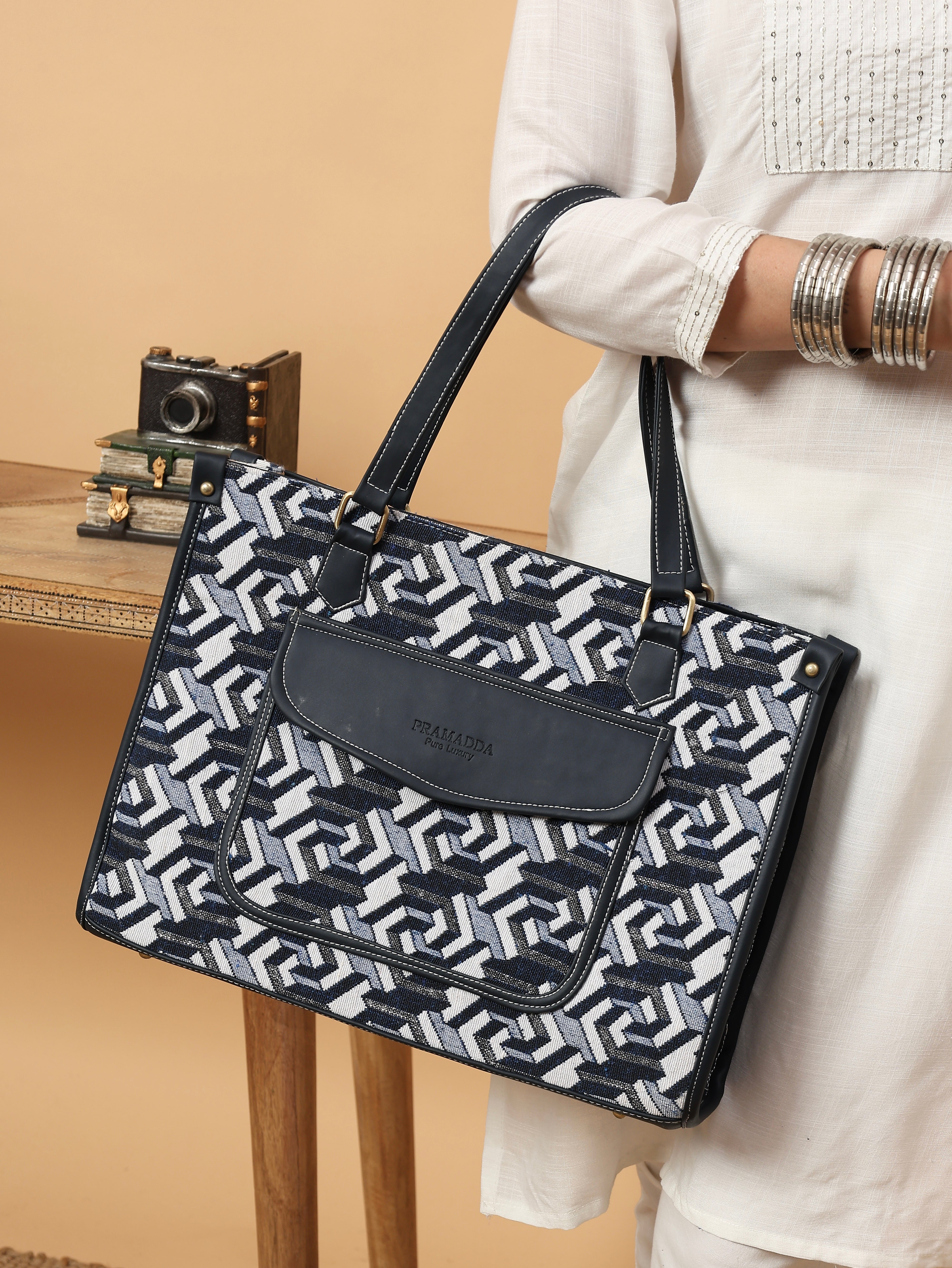 Denim Blue Print Canvas Aisha Tote Bag- Clearance Sale