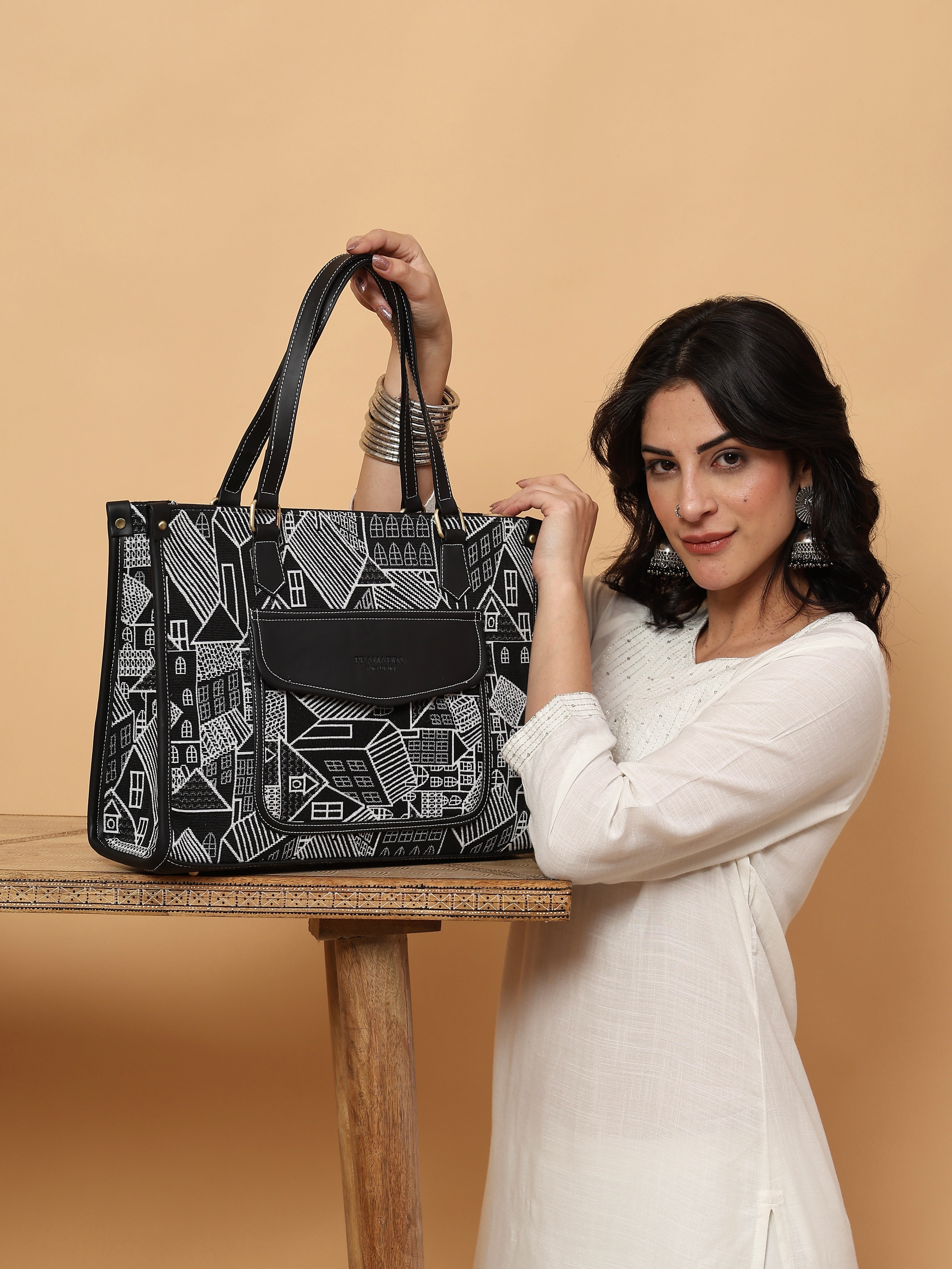 Black Geo Print Canvas Aisha Tote Bag- Clearance Sale