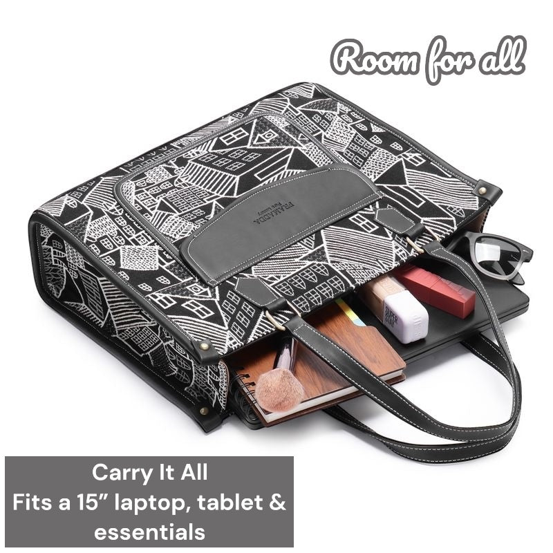 Black Geo Print Canvas Aisha Tote Bag- Clearance Sale