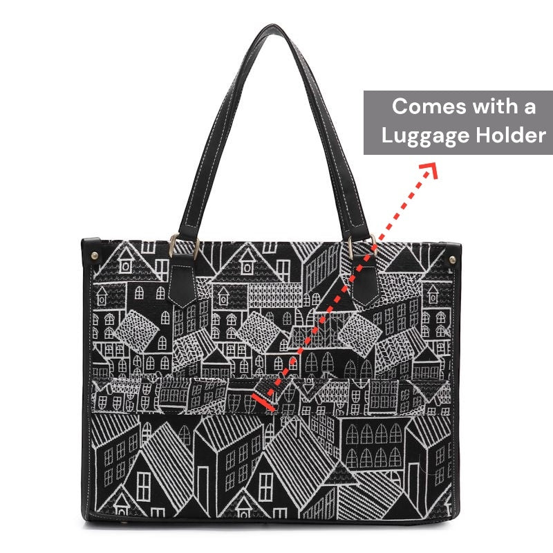 Black Geo Print Canvas Aisha Tote Bag- Clearance Sale