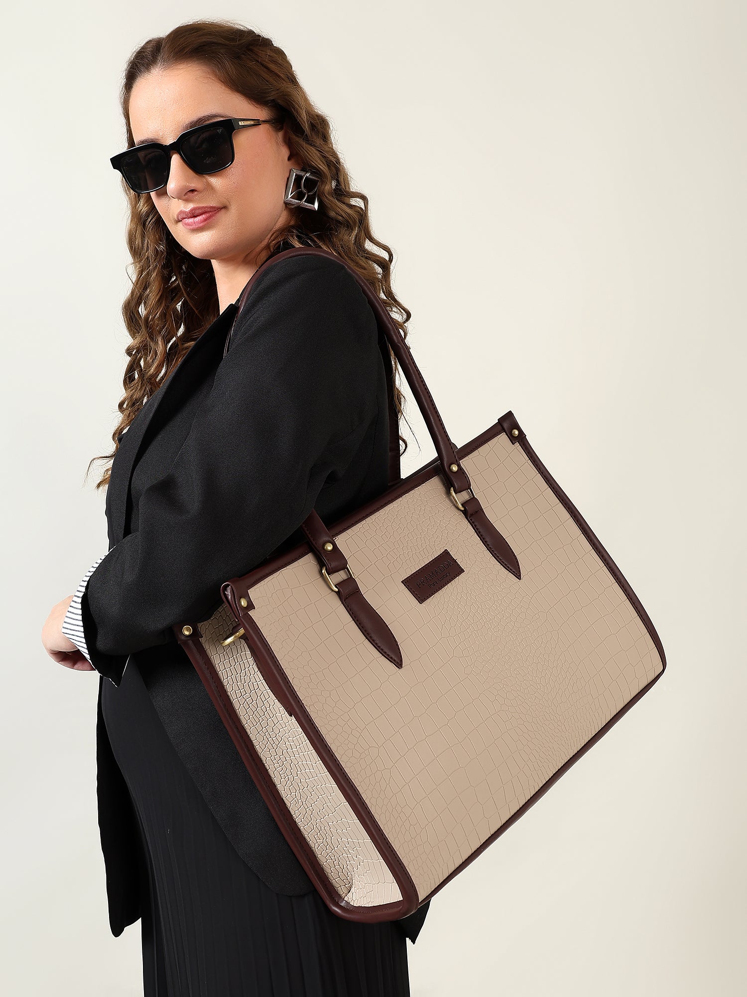 Beige Croc-Embossed Vegan Leather Tote Bag