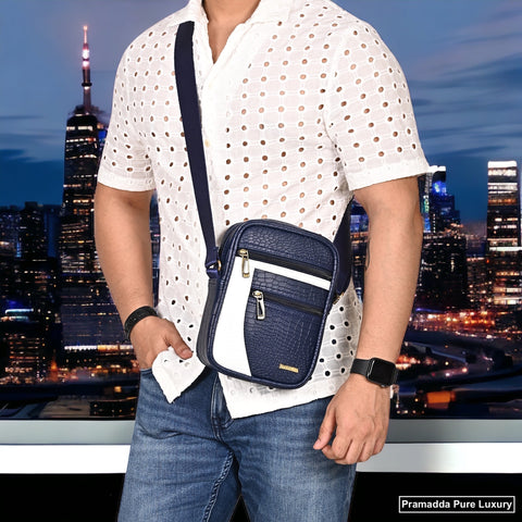 Trendy Blue Diablo 9 Inches Leather Mobile Messenger Bag for Men & Women.