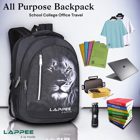 Lappee LION Stylish Black Casual Backpack with Rain Cover for Boys Bagpack for College, Office, School,Travel.