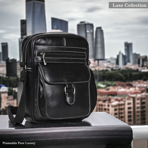Elegant Black Vegan Leather POSH Sling mini Messenger Bag for Men Women Travel
