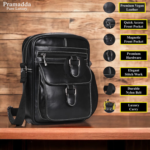 Elegant Black Vegan Leather POSH Sling mini Messenger Bag for Men Women Travel