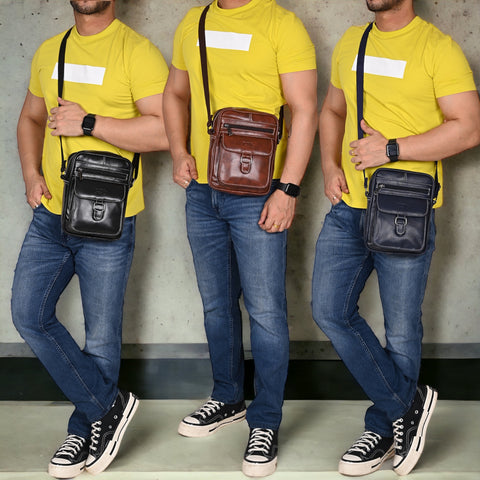 Elegant Black Vegan Leather POSH Sling mini Messenger Bag for Men Women Travel