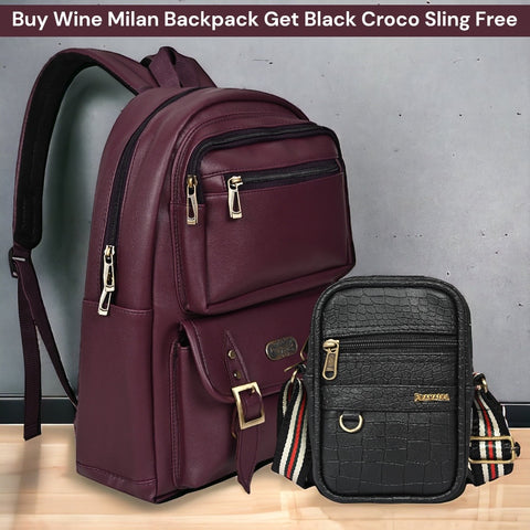 FESTIVE OFFER | Buy 1 Get 1 Free Sling | Wine Milan Backpack and Black Croco Leather Sling Crossbody Bag.